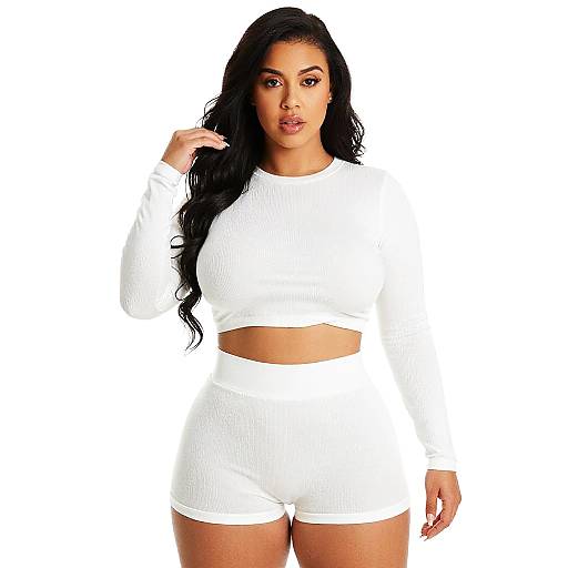 Woman in White Ribbed Knit Crop Top and Shorts Set