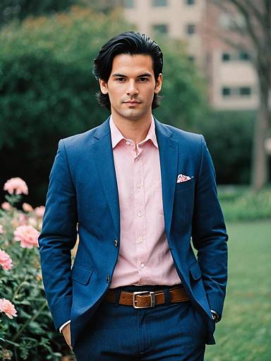 Man Wearing Blue Suit and Pink Shirt in Engagement Wear Outdoor Portrait