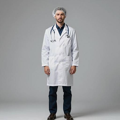 Male Doctor in White Lab Coat with Stethoscope and Hair Net