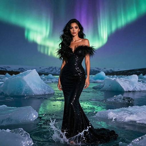 Elegant Woman in Black Sequin Dress Under Northern Lights in Icy Landscape