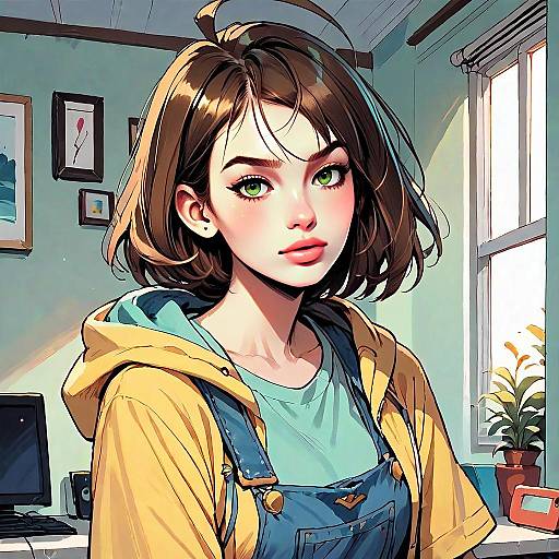 Anime Style Portrait of a Young Woman in Yellow Hoodie and Denim Overalls in Cozy Room