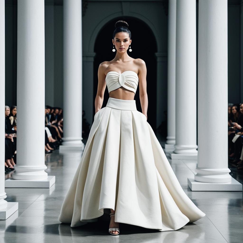 Elegant White Two-Piece Fashion Dress on Runway with Grand Columns