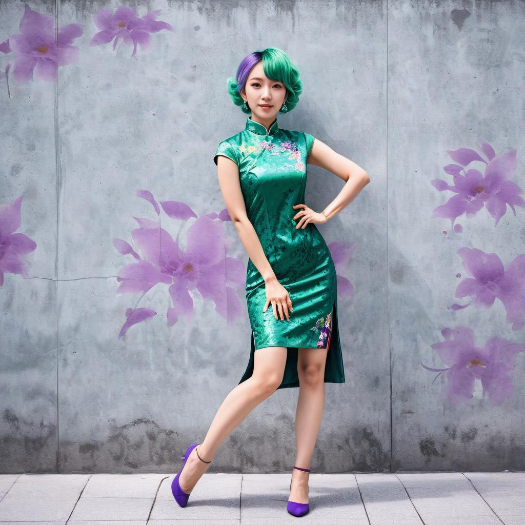 Stylish Woman in Green Cheongsam Against Floral Wall Stylish Woman in Green Cheongsam Against Floral Wall