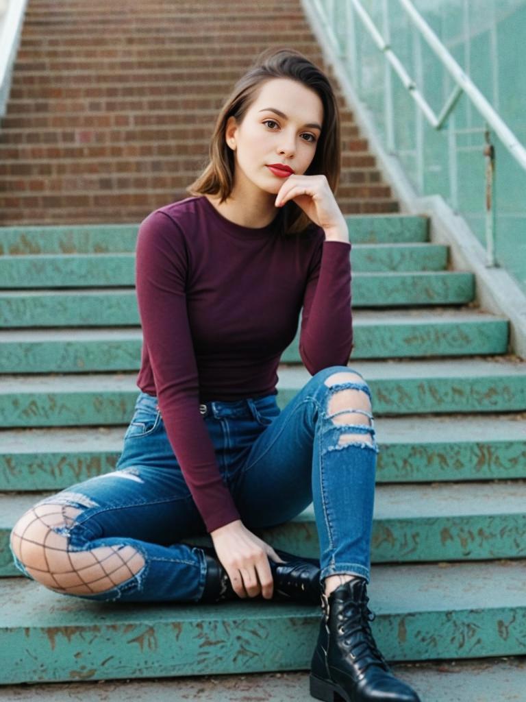 Stylish Woman on Staircase in Urban Fashion