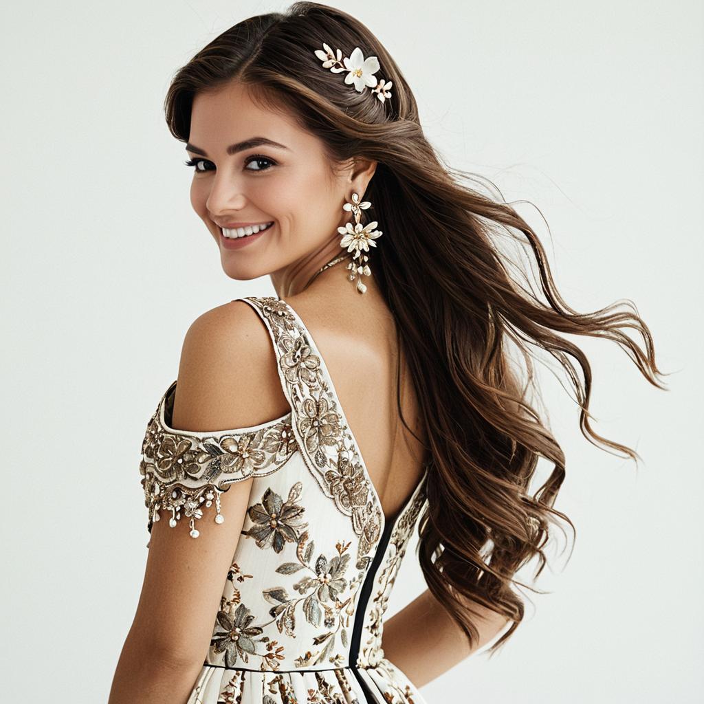 Elegant Woman in Floral Embroidered Off-Shoulder Dress with Long Flowing Hair