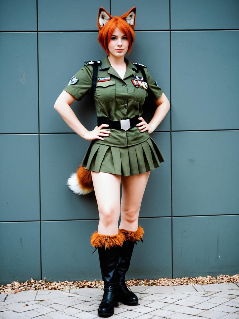 Woman in Military Uniform with Fox Ears and Tail Cosplay