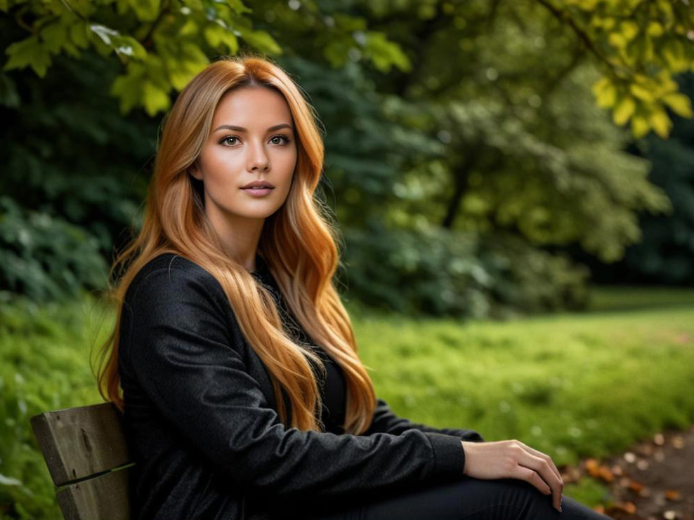 Serene woman in nature on a bench