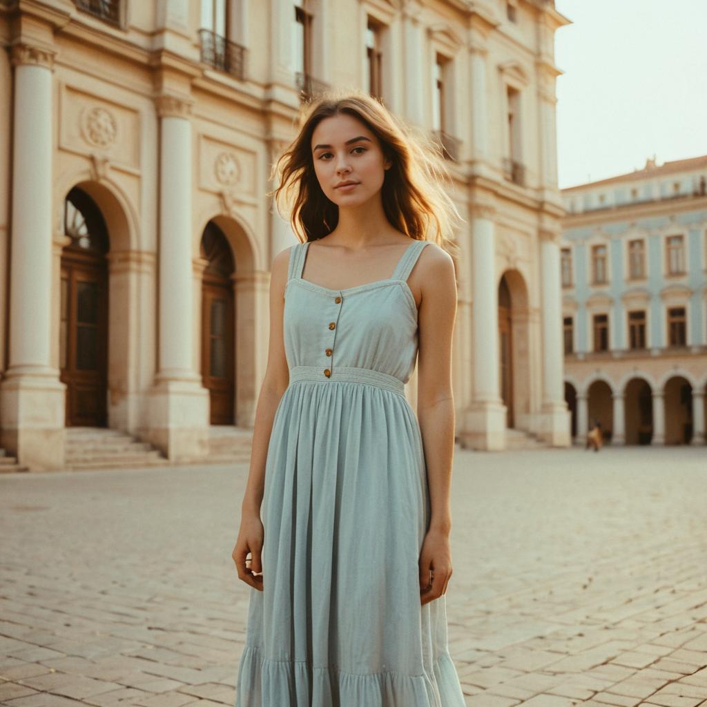 Young Woman in Light Blue Dress in Historic Urban Setting