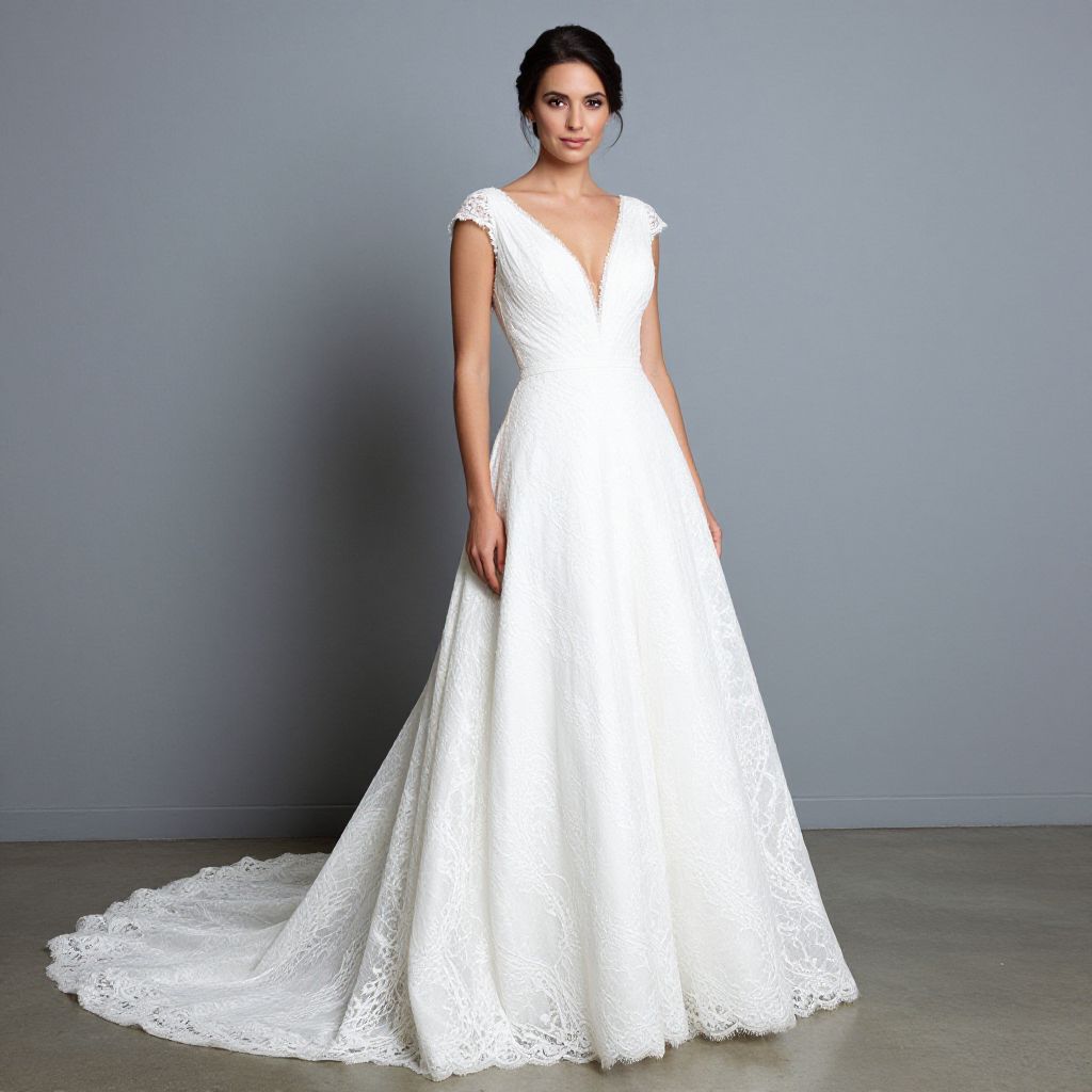 Elegant White Lace Wedding Dress with Train and Deep V-Neckline