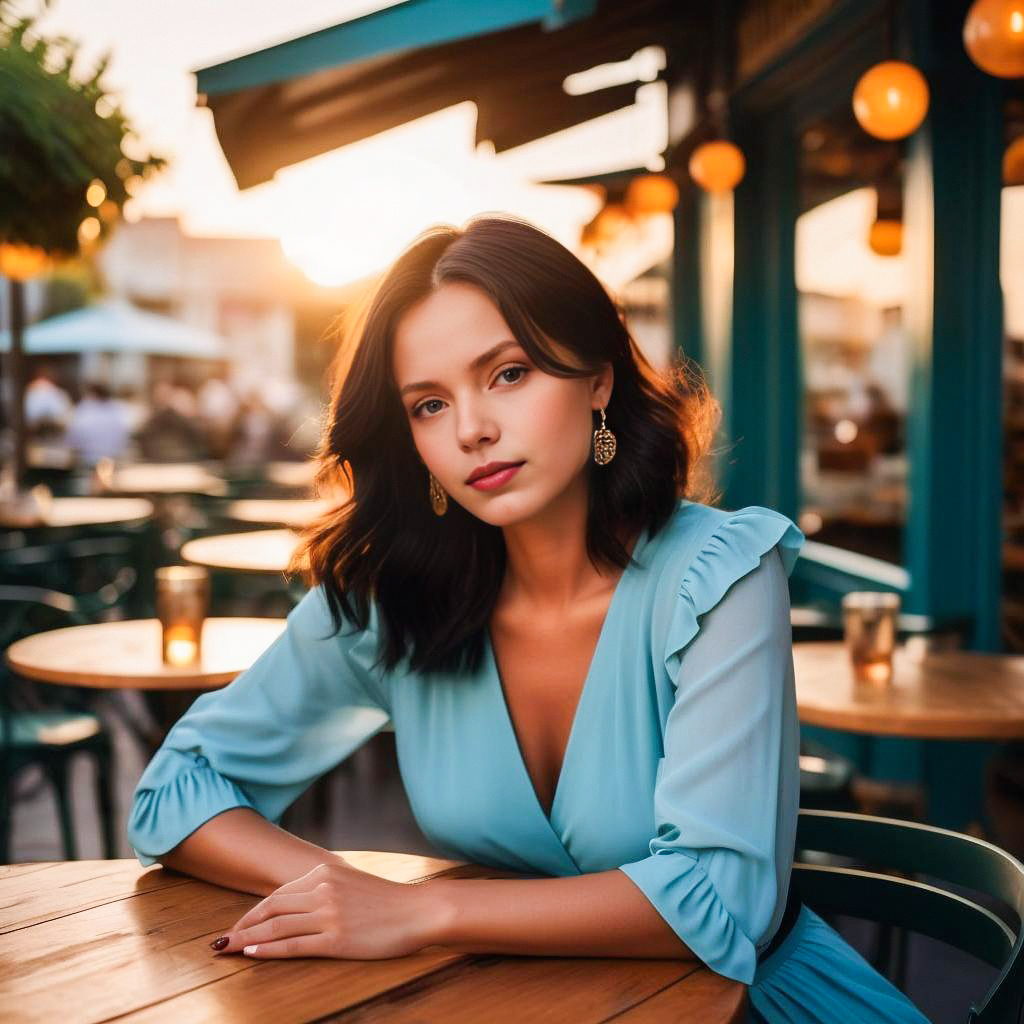 Young Woman in Blue Dress at Outdoor Café Young Woman in Blue Dress at Outdoor Café