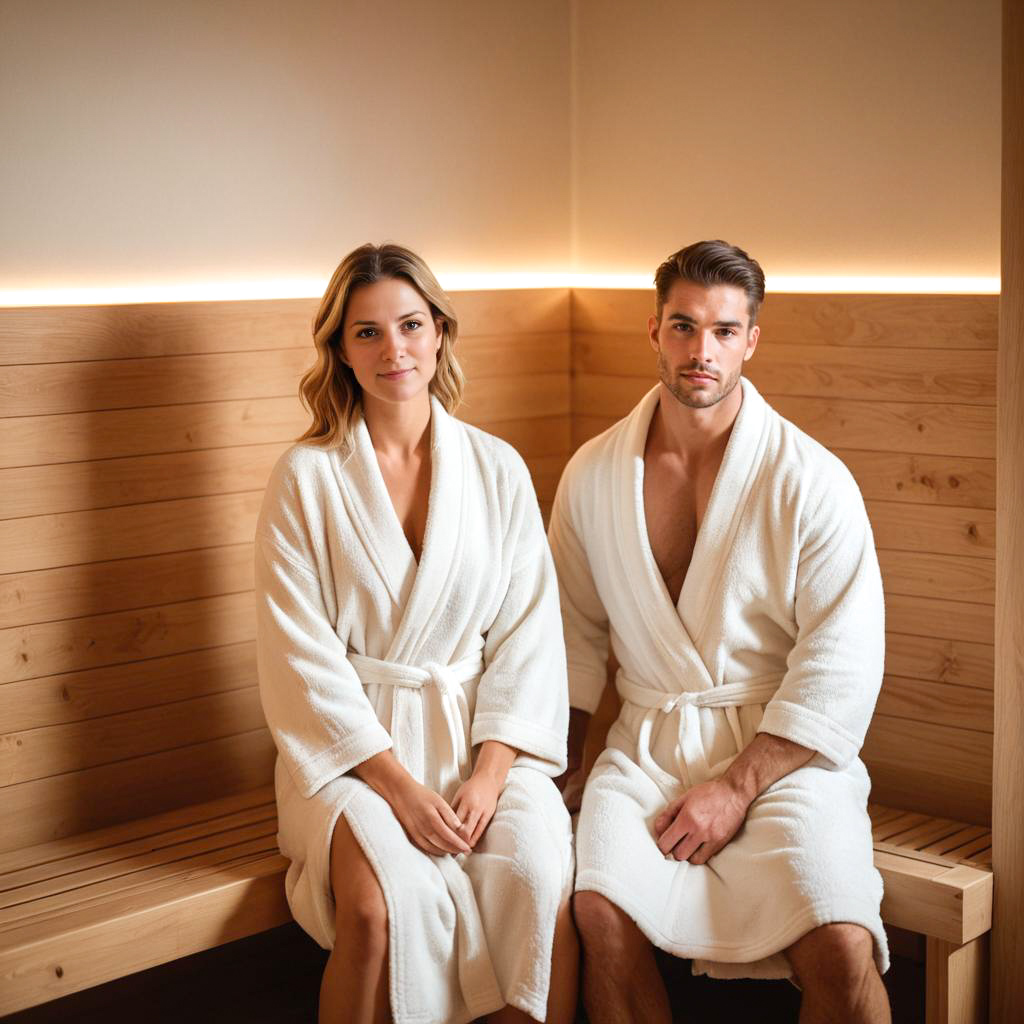 Couple in Bathrobes Relaxing in Sauna