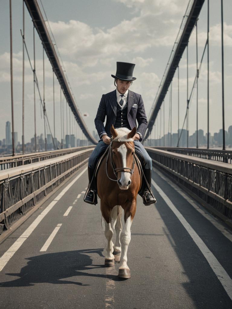 Man in Top Hat Riding Striped Horse on George Washington Bridge