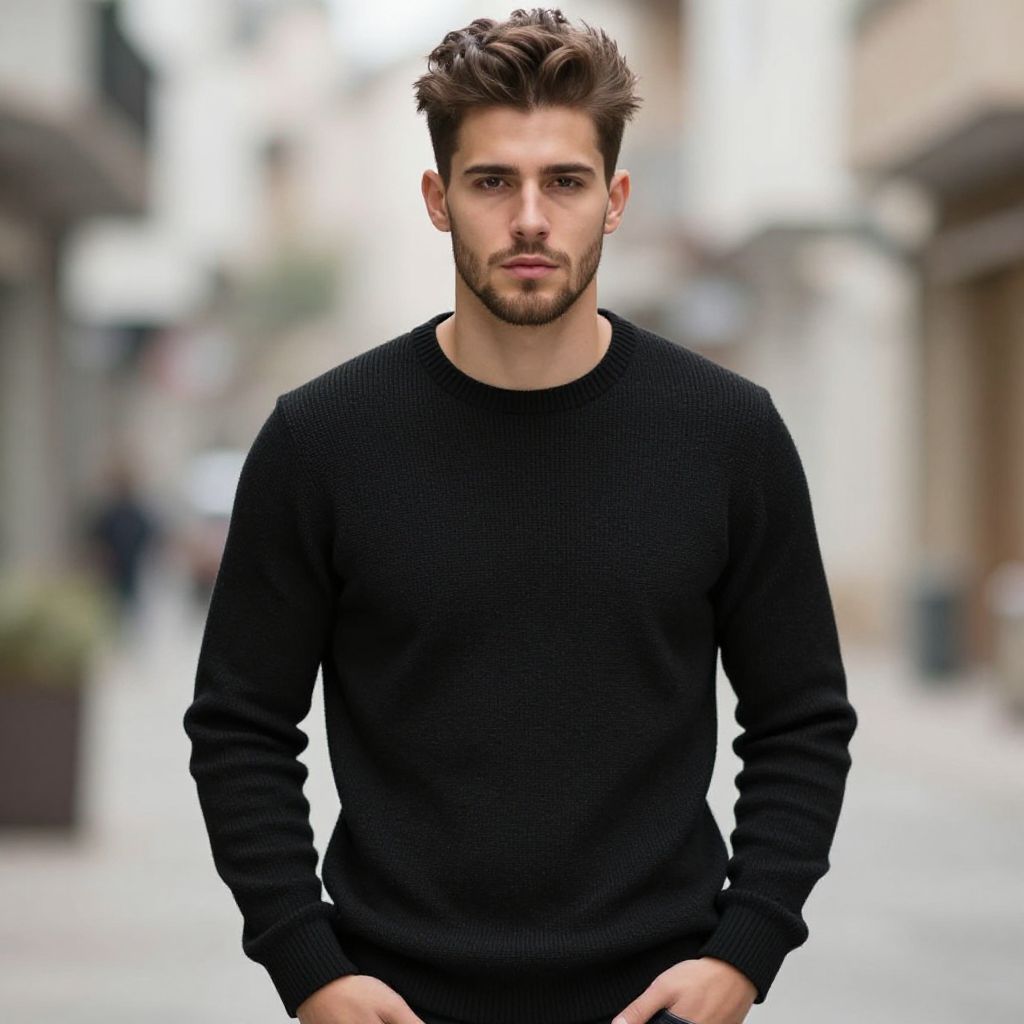 Confident Young Man Wearing Black Sweater in Urban Environment