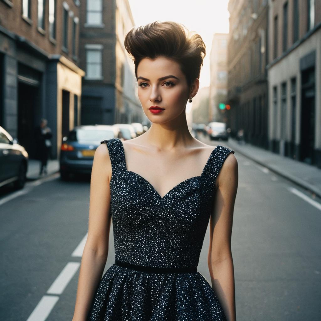Fashionable Woman in Sparkling Black Dress on Urban Street During Golden Hour