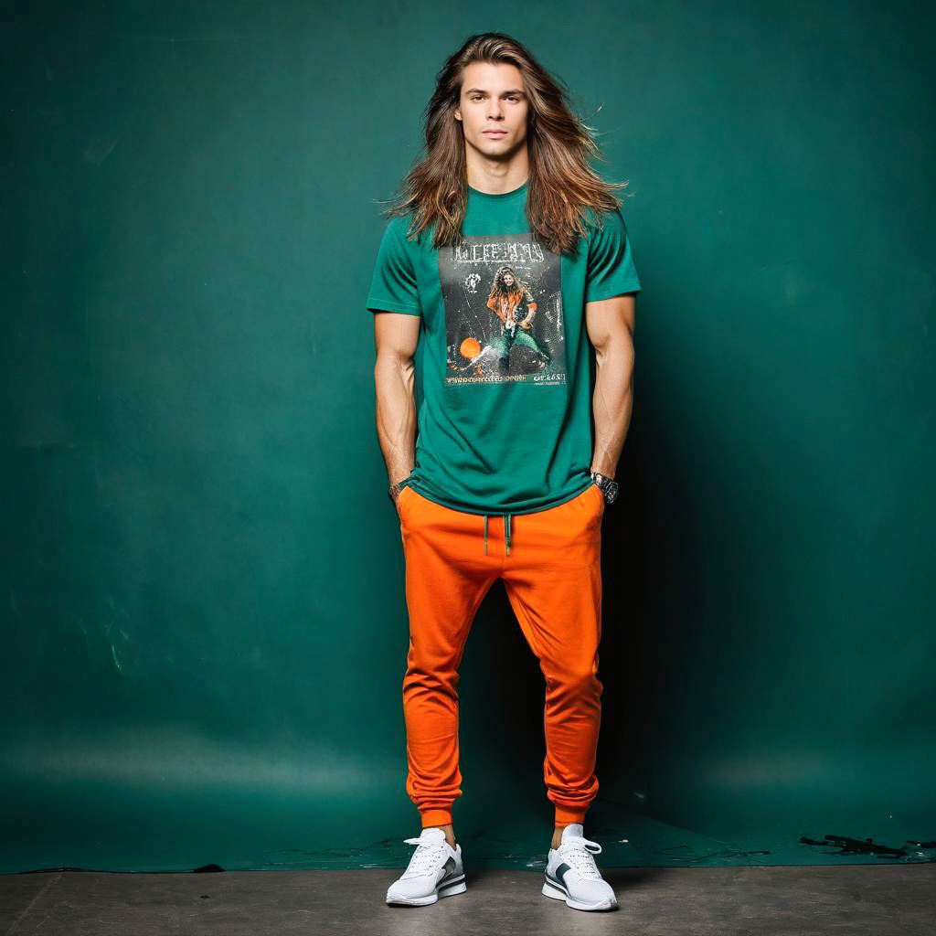 Young Man in Green T-Shirt and Orange Joggers