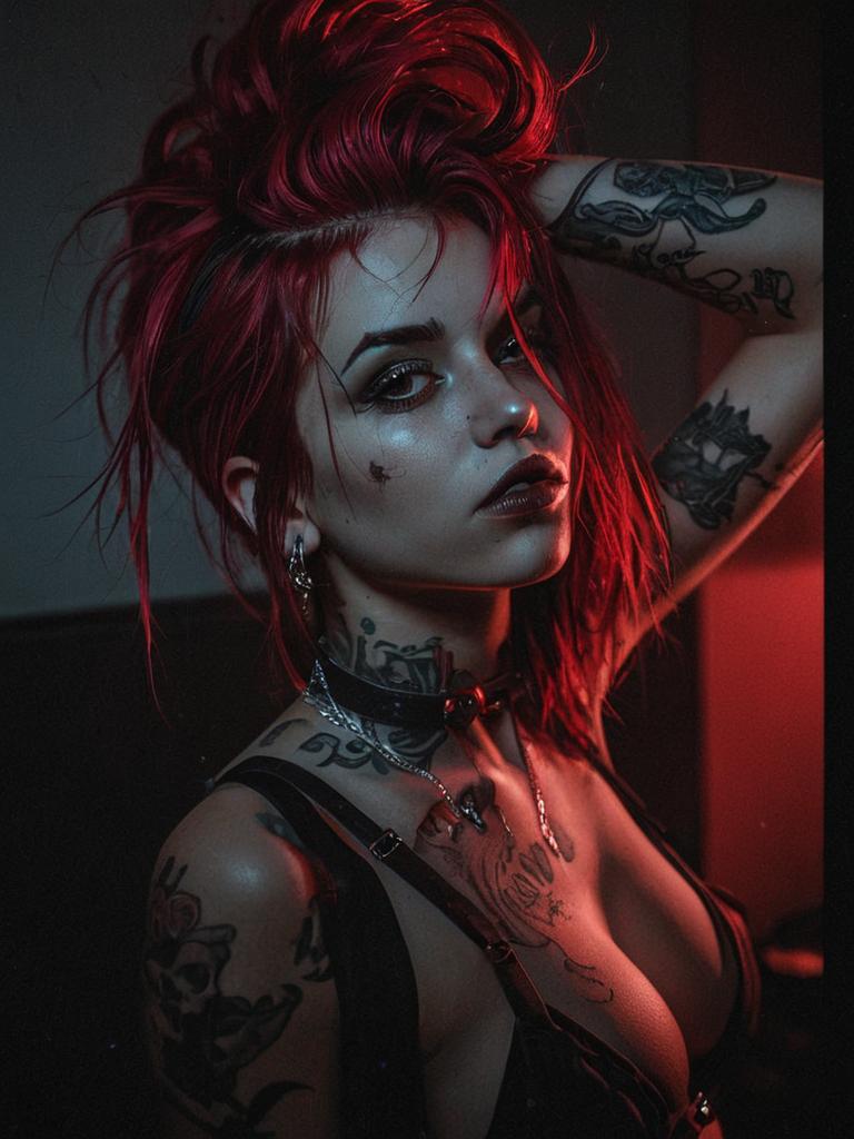 Edgy Woman with Red Hair and Tattoos in Dramatic Lighting