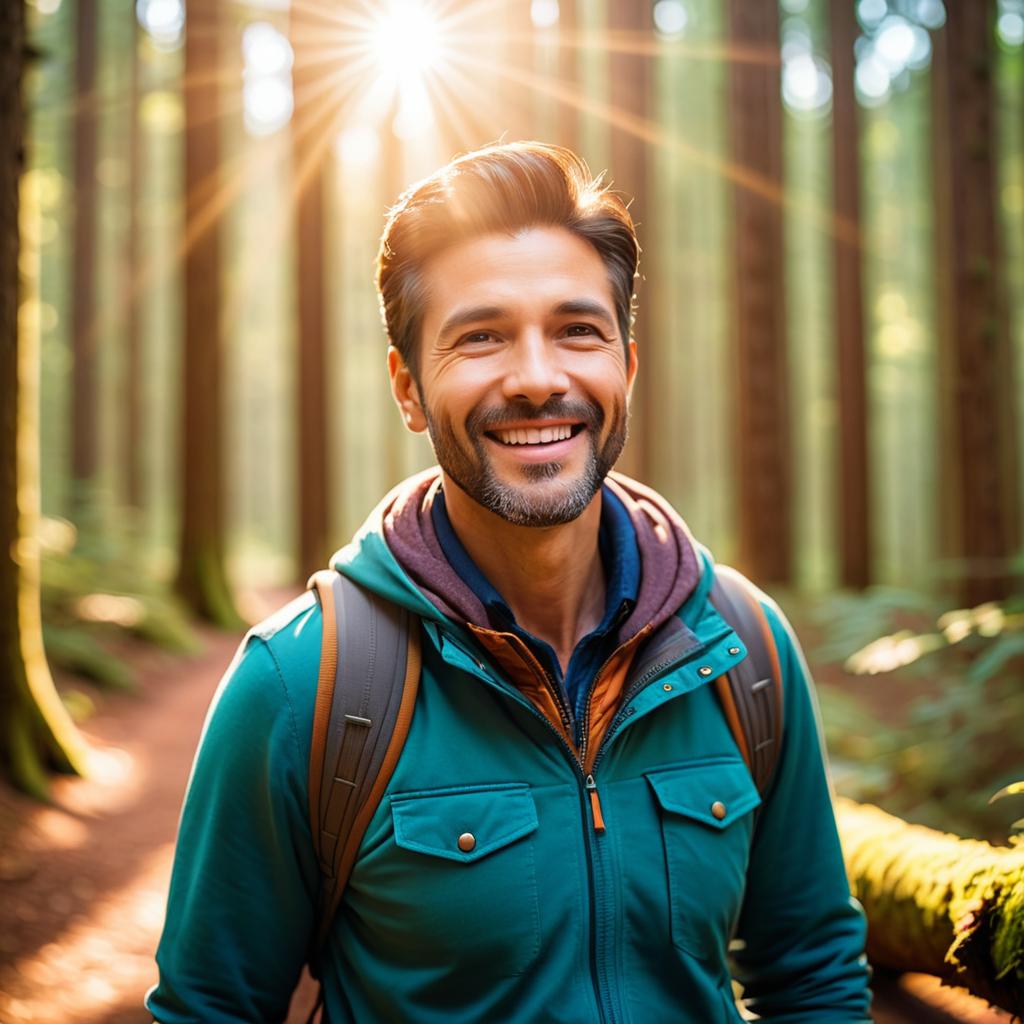 Cheerful man in a green jacket walking in a sunlit forest Cheerful man in a green jacket walking in a sunlit forest