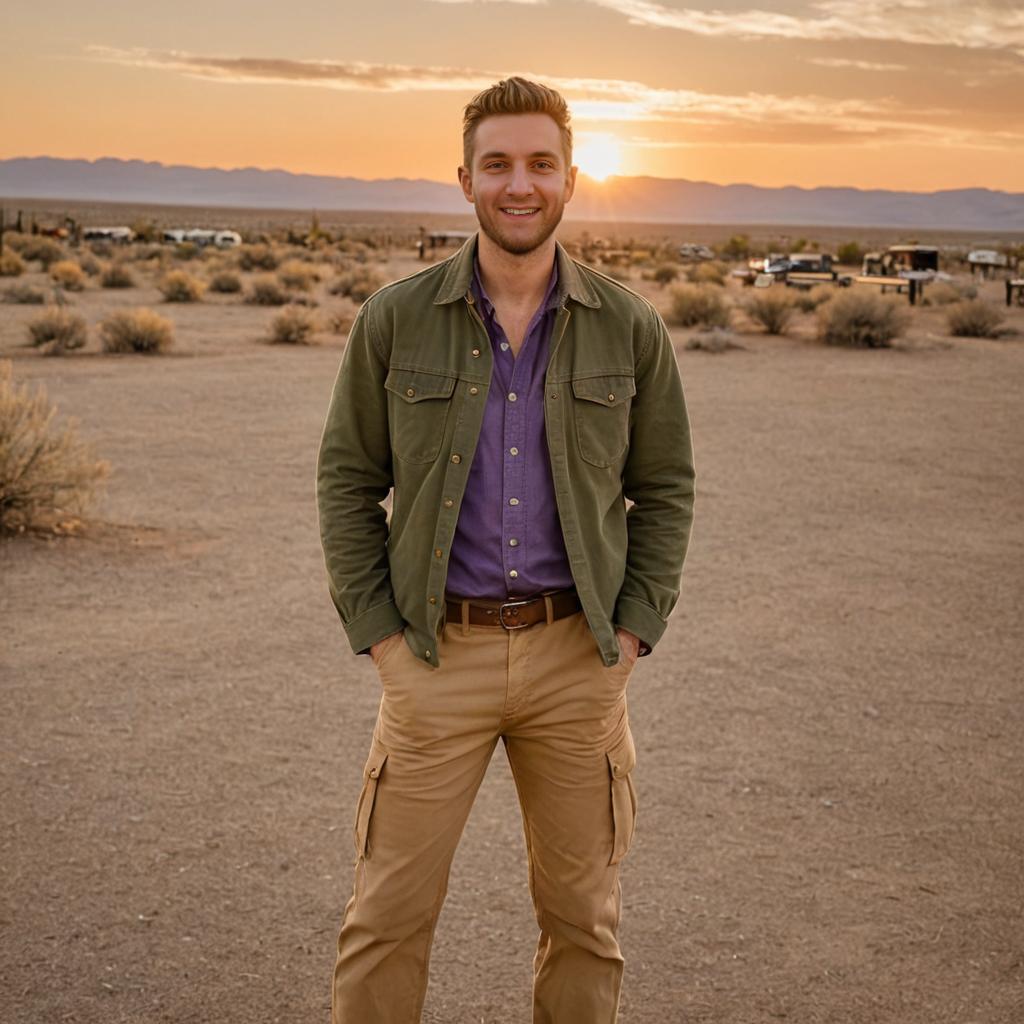 Cheerful man in desert at sunset