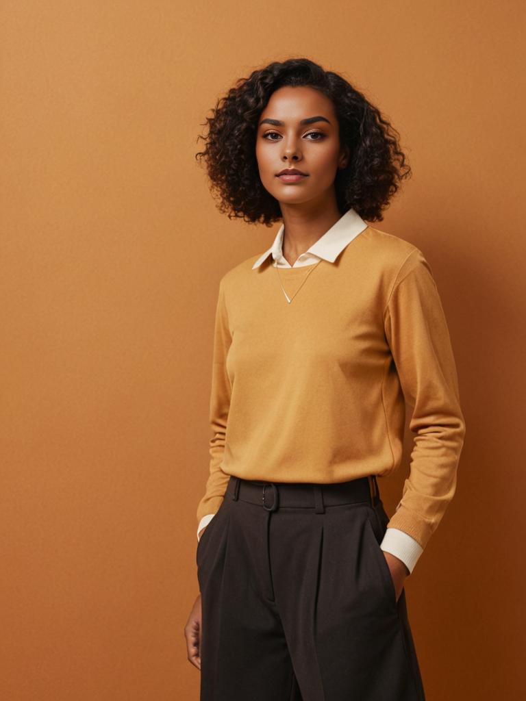 Confident Woman in Mustard Sweater Against Warm Background