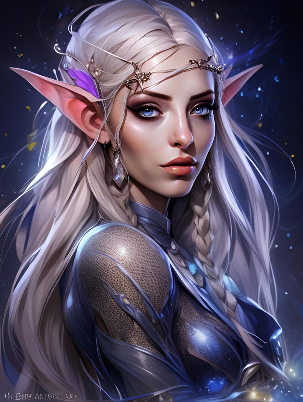 Fantasy Elf Woman Portrait with Silver Hair and Detailed Armor Digital Art