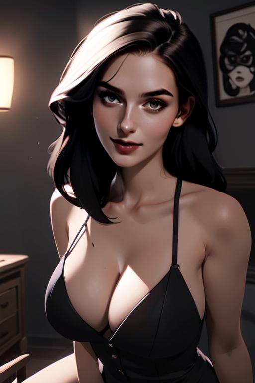 Stylish Digital Portrait of Woman with Black Hair in Black Top