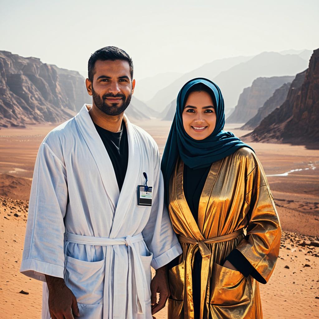 Portrait of Man and Woman in Robes in Desert Landscape with Mountains