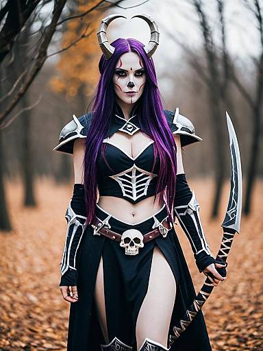 Dark Fantasy Warrior Woman Costume with Horned Headgear and Curved Blade