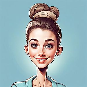 Digital Caricature of Smiling Woman with High Bun Hairstyle