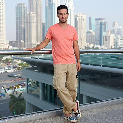 Casual Man Standing by Glass Railing with Urban Skyline Background