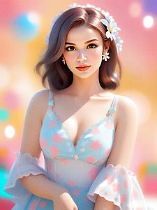 Digital Portrait of Woman in Floral Dress with Soft Pastel Background