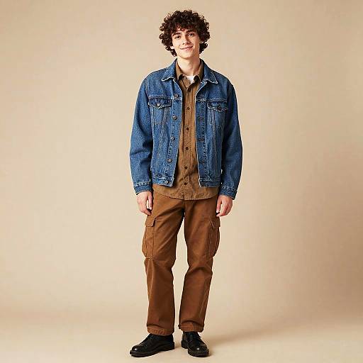 Gen Z Casual Fashion Young Man in Denim Jacket and Cargo Pants