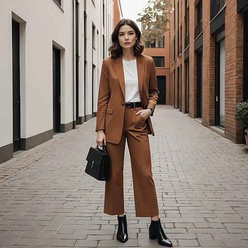Woman in Brown Suit and Black Boots Walking in Urban Alley