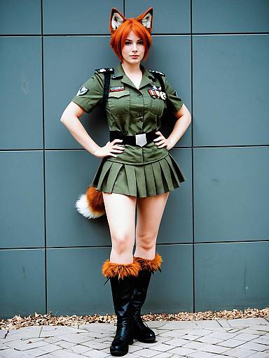 Woman in Military Uniform with Fox Ears and Tail Cosplay
