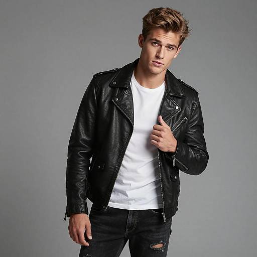 Young Man in Black Leather Biker Jacket and Ripped Jeans Fashion Portrait
