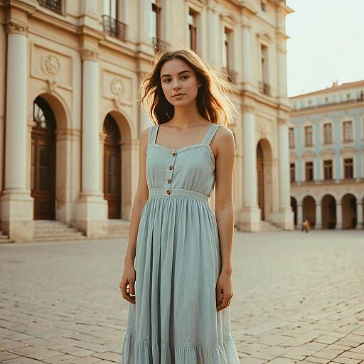 Young Woman in Light Blue Dress in Historic Urban Setting