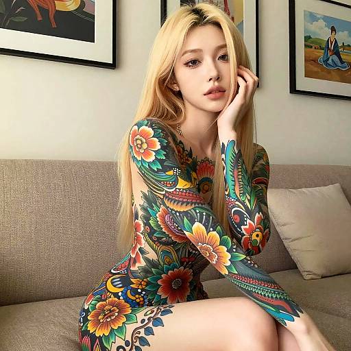 Blonde Woman with Vibrant Full-Body Floral Tattoo Sitting on Sofa