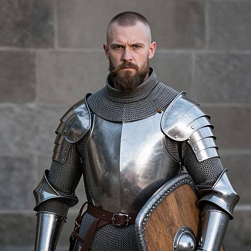 Medieval Knight in Full Armor Holding Shield