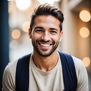 Smiling Young Man in City with Backpack