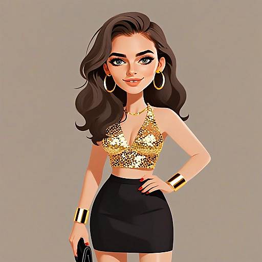 Glam Rock Woman with Sparkling Gold Crop Top and Black Mini Skirt