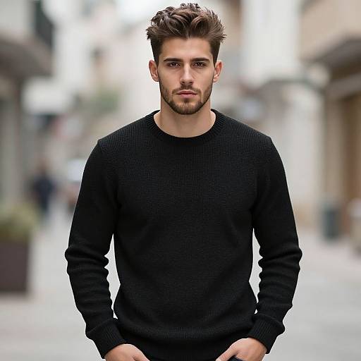 Confident Young Man Wearing Black Sweater in Urban Environment