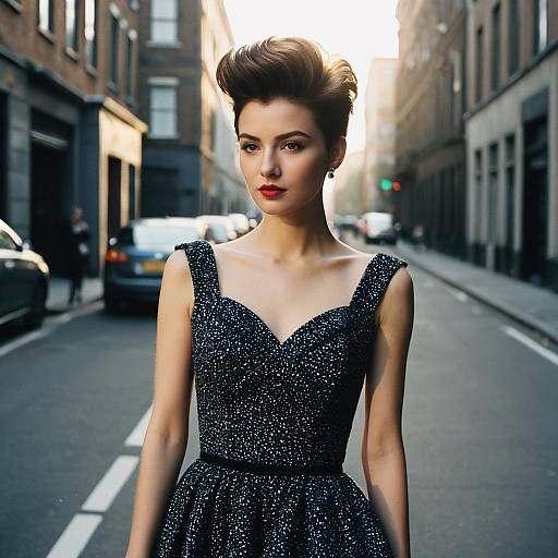 Fashionable Woman in Sparkling Black Dress on Urban Street During Golden Hour