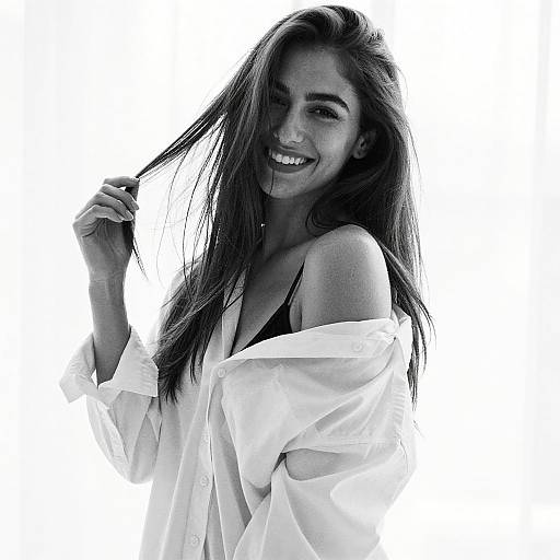 Smiling Young Woman in White Shirt Black and White Portrait