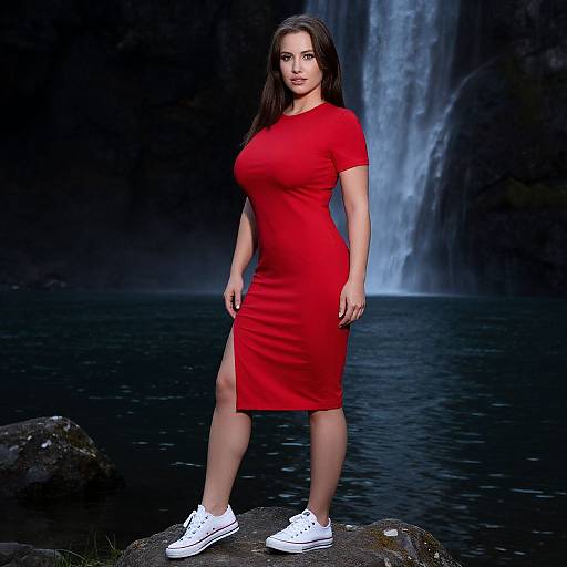 Woman in Red Dress by Waterfall Outdoors Fashion Portrait