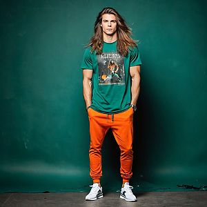 Young Man in Green T-Shirt and Orange Joggers