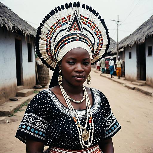 Yoruba Woman in Traditional Dress with Headdress and Jewelry in Village