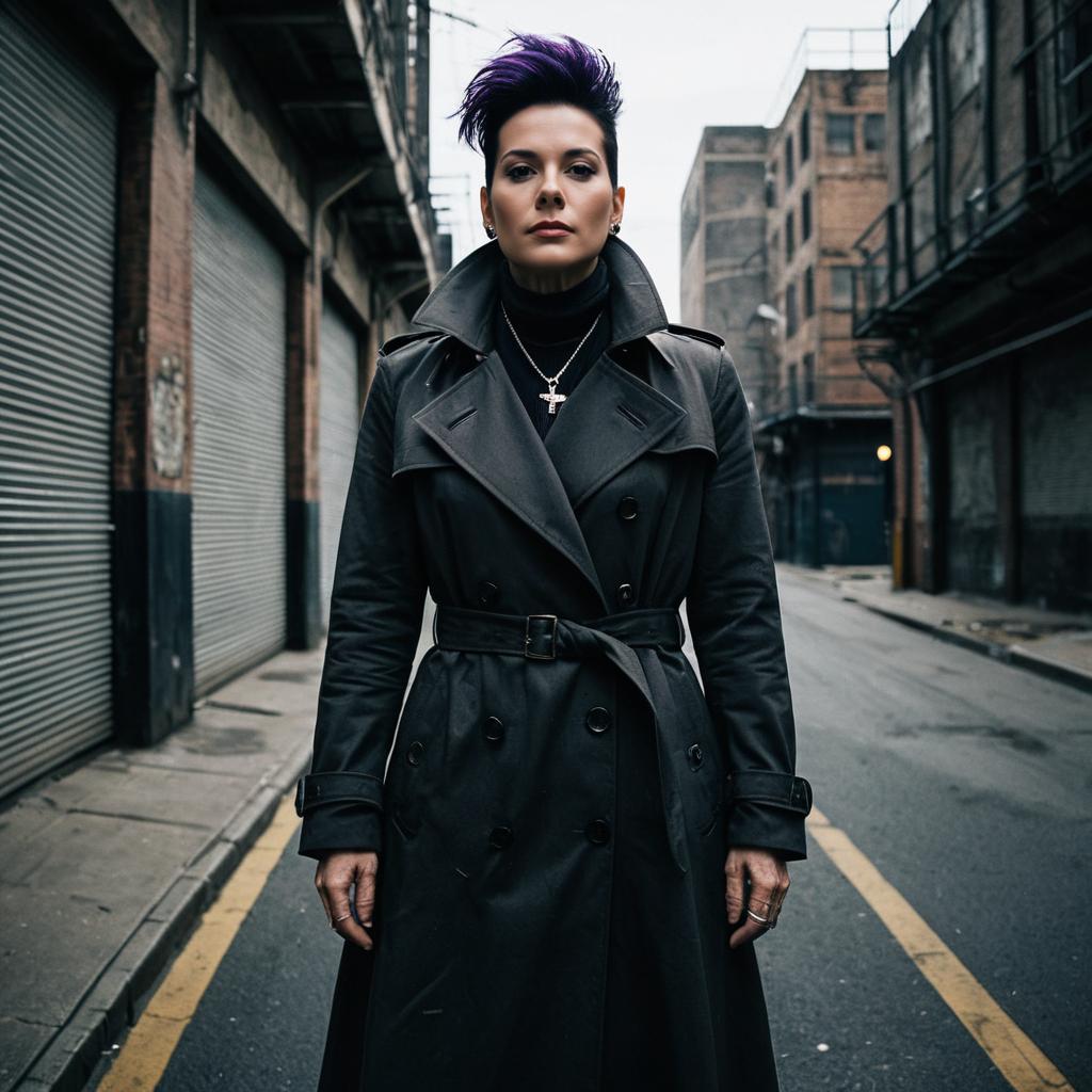 Confident Woman in Black Trench Coat Standing on Urban Street
