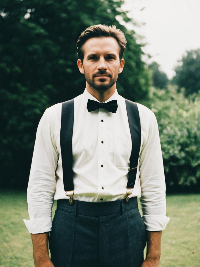 Man in Summer Wedding Outfit with Suspenders and Bow Tie