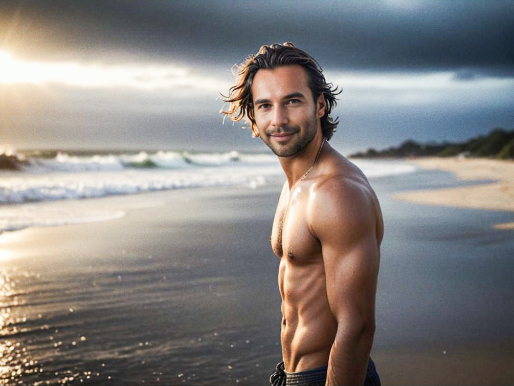 Muscular Man on Beach at Sunset