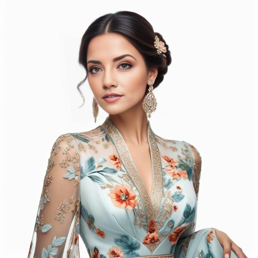 Elegant Woman in Floral Gown with Embroidery