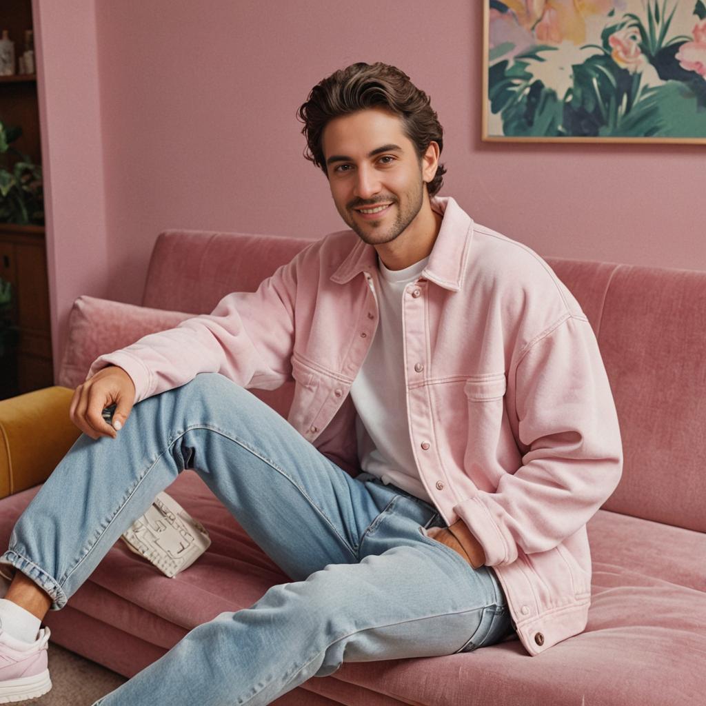 Stylish Man in Pink Jacket and Blue Jeans